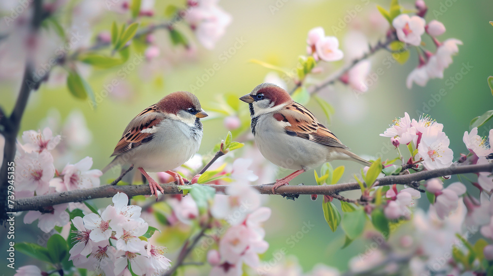 Fototapeta premium Sparrow birds resting peacefully on a tree branch with delicate flowers in full bloom