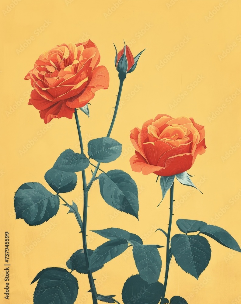 Vibrant Orange Roses on a Sunny Yellow Background with Fresh Green Leaves in the Foreground