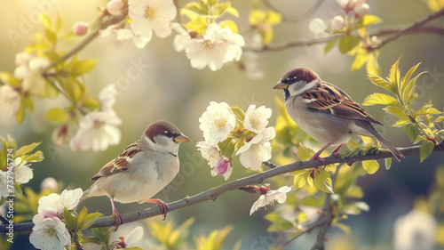 Sparrow birds resting peacefully on a tree branch with delicate flowers in full bloom