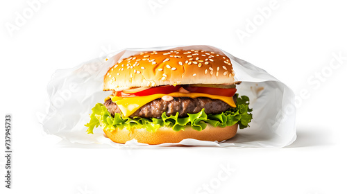 Tasty burger in white package on white background