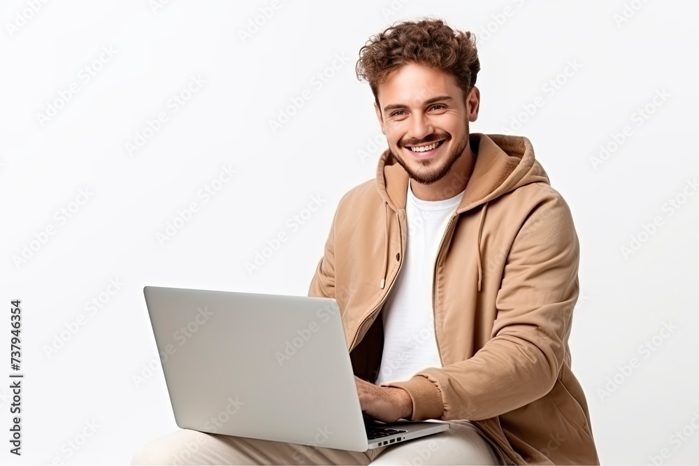 Young successful Caucasian student freelancer using laptop, wearing casual clothes, watching webinar, working remotely, e-learning e-commerce online isolated on white background - generative ai Young successful Caucasian student freelancer using laptop, wearing casual clothes, watching webinar, working remotely, e-learning e-commerce online isolated on white background - generative ai