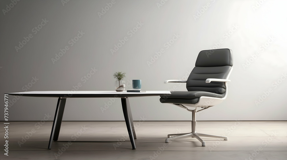 Modern office desk and chair design. Emphasize futuristic, ergonomic, and functional elements that reflect sophistication in office furniture. 3d illustration. Modern office desk and chair design. Emphasize futuristic, ergonomic, and functional elements that reflect sophistication in office furniture. 3d illustration.