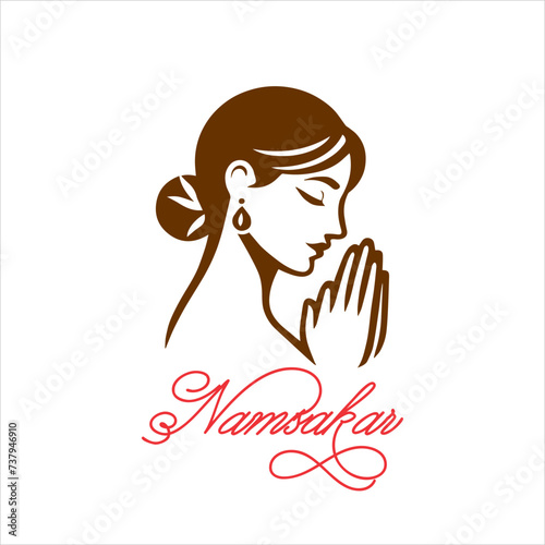 Indian women in traditional clothing with namaste hand, Welcoming logo design