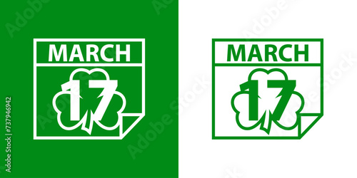 Día de San Patricio. Logo lineal con hoja de calendario con texto 17 March con trébol para felicitaciones y tarjetas