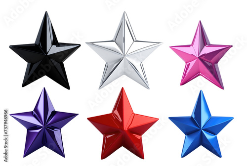 Collection of realistic multi colour shiny stars shape set isolated on transparent background. Generative AI