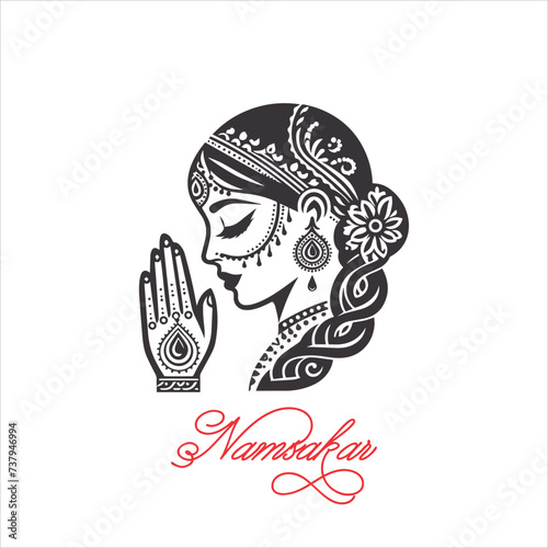 Indian women in traditional clothing with namaste hand, Welcoming logo design