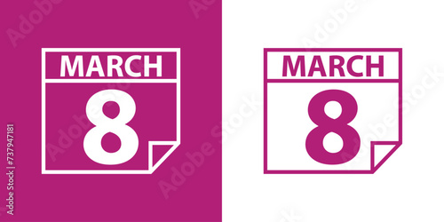 Logo Día Internacional de la Mujer. Hoja de calendario lineal con texto 8 March