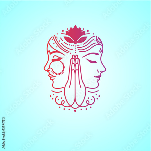 Indian women in traditional clothing with namaste hand, Welcoming logo design