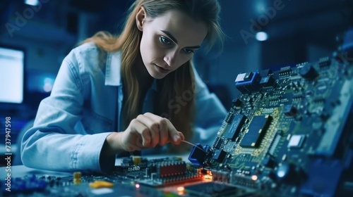 Engineer woman, motherboard and soldering iron for manufacturing, microchip and it development.