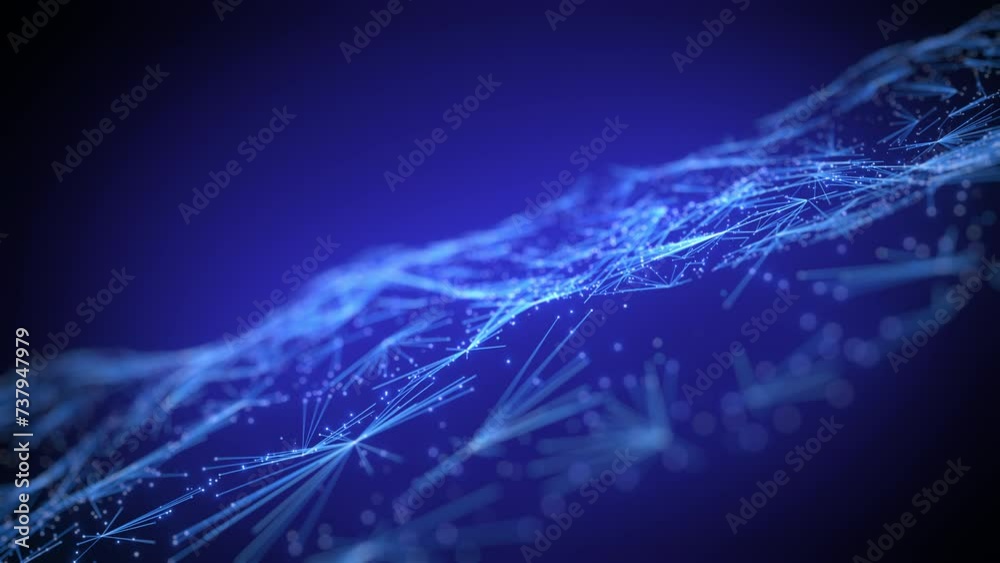 abstract digital network with interconnected lines and dots glowing in various shades of blue, symbol technology, connectivity, and data flow in a cybernetic space.