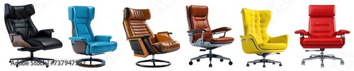 Set of modern expensive leather gaming chairs in different colours isolated on transparent background. Generative AI