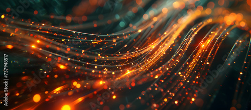 3d illustration of abstract background with glowing particles, depth of field. Fiber Optic cables close-up with bokeh background. Glowing data cables transferring information.