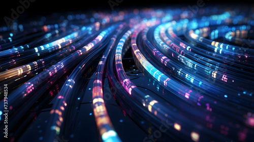 3D rendering of abstract technology concept background ready for banner or poster. Fiber Optic cables close-up with bokeh background. Glowing data cables transferring information.