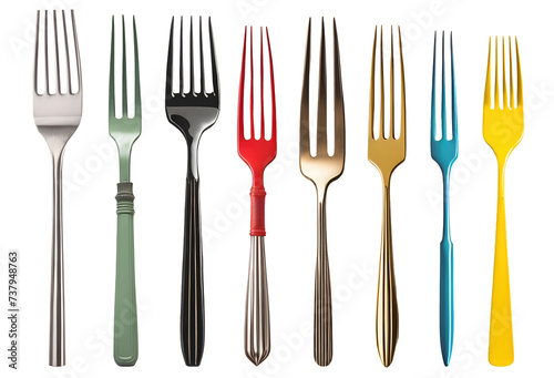 Set of various modern realistic dinner forks in different colours isolated on transparent background. Generative AI