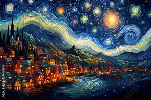 a painting of a town with a river and mountains and stars in the sky