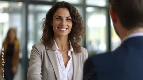 Happy mid aged business woman manager handshaking at office meeting. Smiling female hr hiring recruit at job interview, bank or insurance agent, lawyer making contract deal with client.