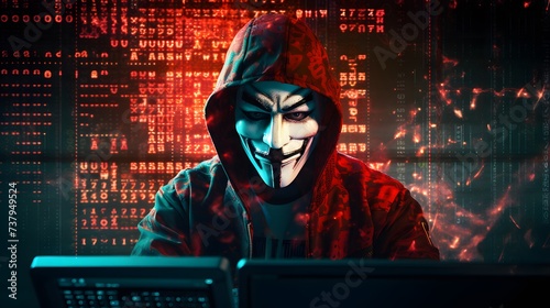 Mysterious Hacker Unleashes Cybersecurity and Malware with Double Exposure. Hacker hidden behind the mask.
