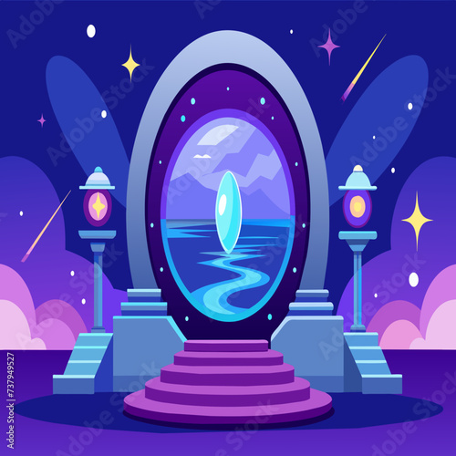 Quantum teleportation depicted as a shimmering portal vektor illustation