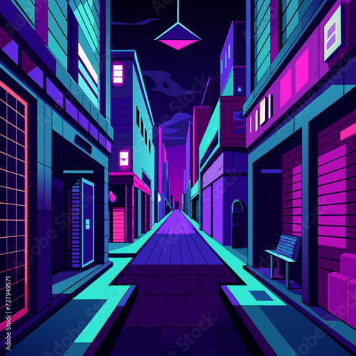 Neon-lit alleyway inhabited by AI buskers vektor illustation