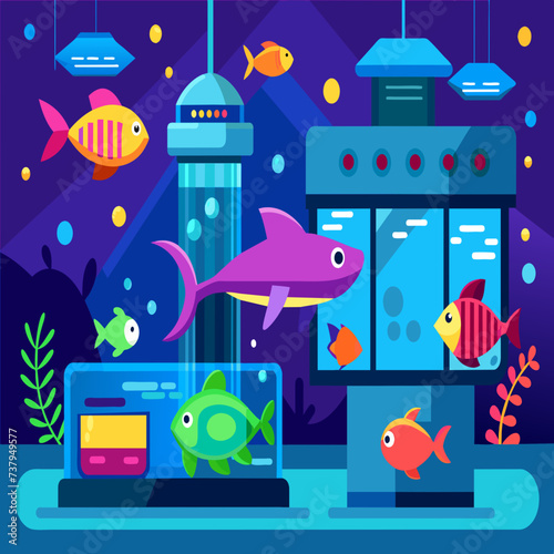 Virtual aquarium showcasing genetically modified sea creatures vektor illustation
