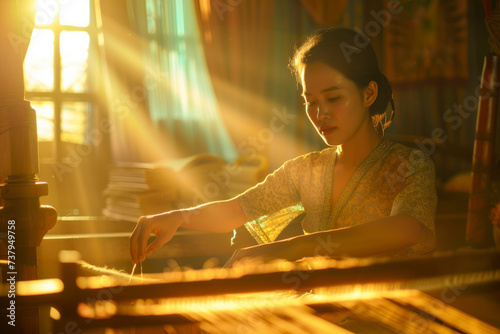 Burmese woman weaving on loom.