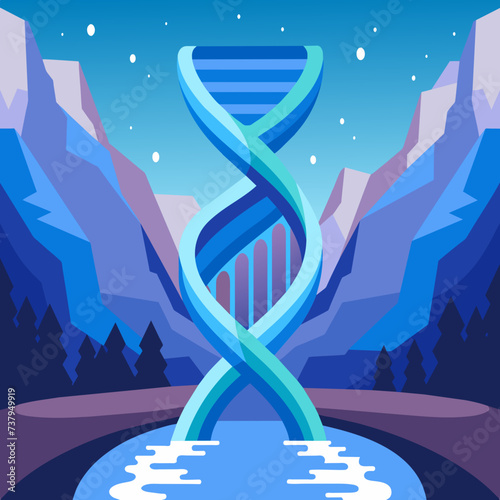 DNA helix intertwined with a roaring waterfall vektor illustation