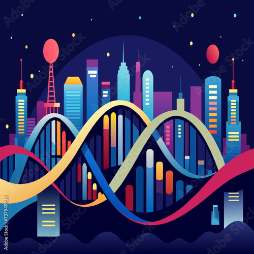 DNA strands weaving through a futuristic cityscape vektor illustation