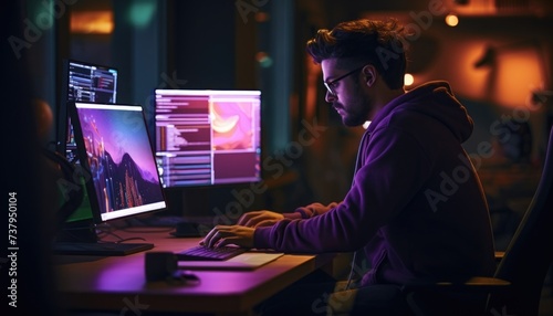 Software engineer coding in a dark room with multiple computer monitors.