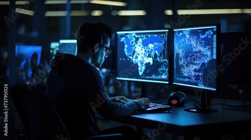 Cybersecurity Analyst Monitoring Network Traffic on World Map Display