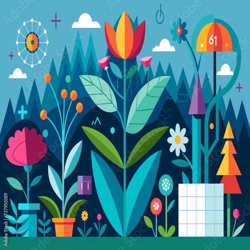 A surreal garden where plants bloom in the shape of mathematical equations vektor illustation