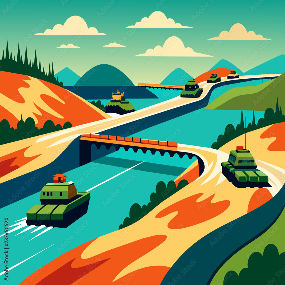 Tanks crossing a river vektor illustation