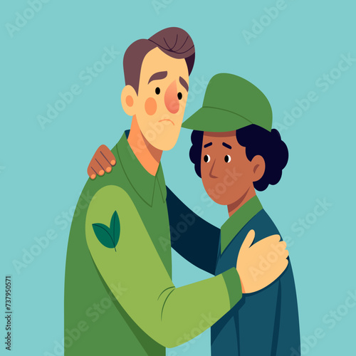 A soldier comforting a scared civilian vektor illustation