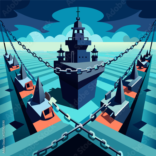Warships locked in a naval blockade vektor illustation