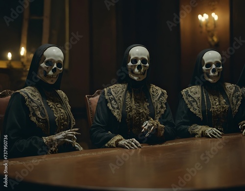 Skeleton Gathering in Candlelit Room depicts skeletons in black robes at a long dining table, their faces obscured, creating an eerie atmosphere. AI Generated photo