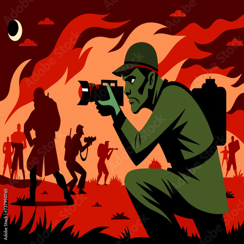 A war photographer capturing the horrors of conflict vektor illustation