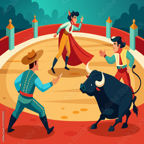 Bullfighters confronting a charging bull in the arena vektor illustation