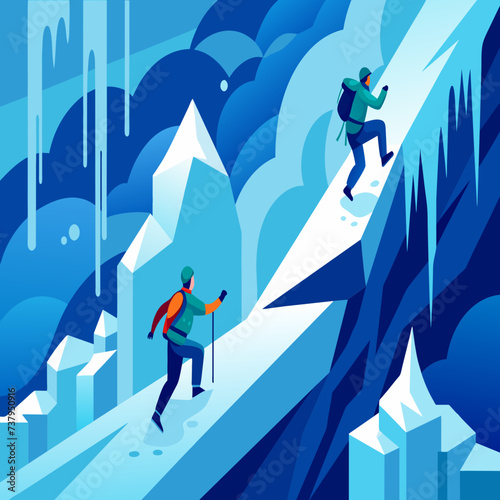 Ice climbers ascending a frozen waterfall vektor illustation