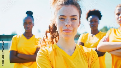Confident Young Female Footballer with Teammates on Soccer Field Team Spirit and Friendship, soccer, football sport concept, horizontal background  © XC Stock