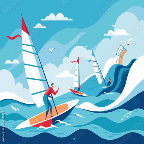 Windsurfers harnessing the power of the wind on the open ocean vektor illustation