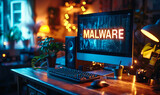 Cybersecurity alert concept with a MALWARE warning on a computer screen in a cozy home office setup with warm lighting and houseplants