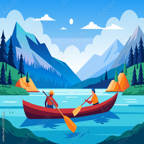 Canoeists paddling through calm waters vektor illustation
