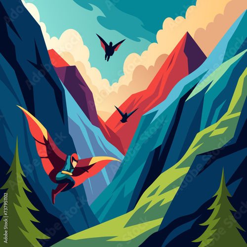 Wingsuit flyers soaring through a mountainous valley vektor illustation