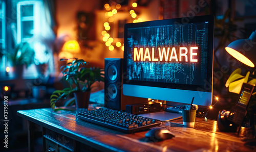 Cybersecurity alert concept with a MALWARE warning on a computer screen in a cozy home office setup with warm lighting and houseplants