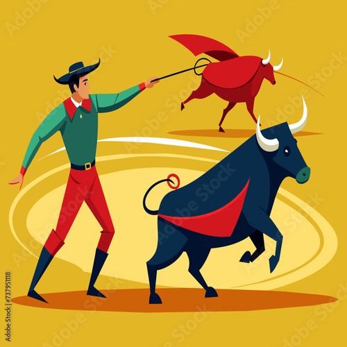 Bullfighters executing precise passes with a bull in the ring vektor illustation