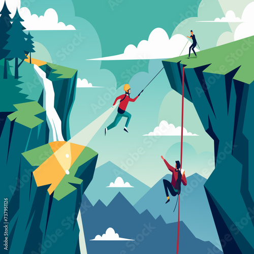 Rock climbers rappelling down a sheer cliff vektor illustation