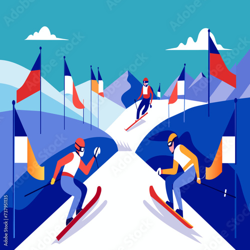 Skiers racing through gates on a slalom course vektor illustation