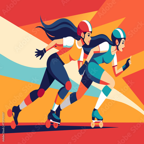 Roller derby players jostling for position on the track vektor illustation