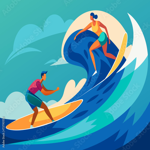 Surfers carving sharp turns on a wave vektor illustation