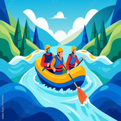 Whitewater rafters navigating through turbulent rapids vektor illustation