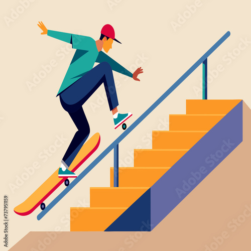 Skateboarders grinding down handrails with skill vektor illustation